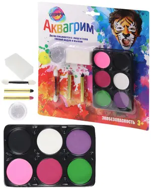 Аквагрим(Grimma) Краски 6цв [краски|карандаши|апликатор|спонж|] ассорти