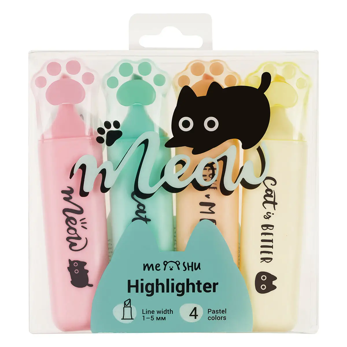 Набор текстовыделителей MESHU "Live, Life, Meow", 04цв., пастельные цвета, 1-5 мм, ПВХ бокс с европо