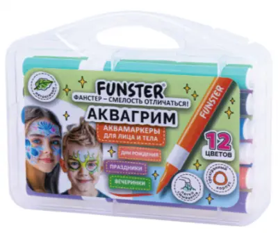 Аквагрим аквамаркеры для лица и тела 12 цветов, FUNSTER (Фанстер), пластиковый кейс, 152609