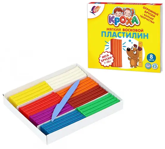 Пластилин восковой мягкий Кроха Мега, 8 цветов, со стеком