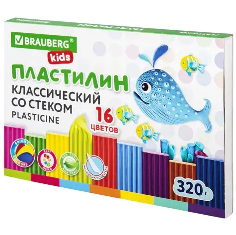 Пластилин классический BRAUBERG KIDS, 16 цветов, 320 г, со стеком, 106508