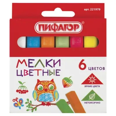 Мел цветной ПИФАГОР, НАБОР 6 шт., квадратный, 221979