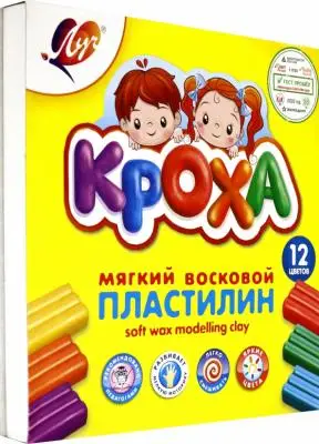 Пластилин восковой мягкий Кроха, 12 цветов, 180г со стеком картонная упаковка