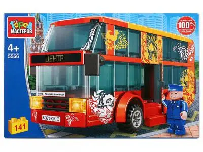 Конструктор пластмассовый Двухэтажный автобус с фигуркой, 141дет, 5556-KK (Город мастеров