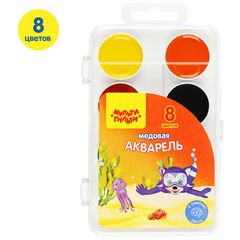 Акварель Мульти-Пульти "Енот в Красном море", медовая, 08 цветов, без кисти, пластик, европодвес	