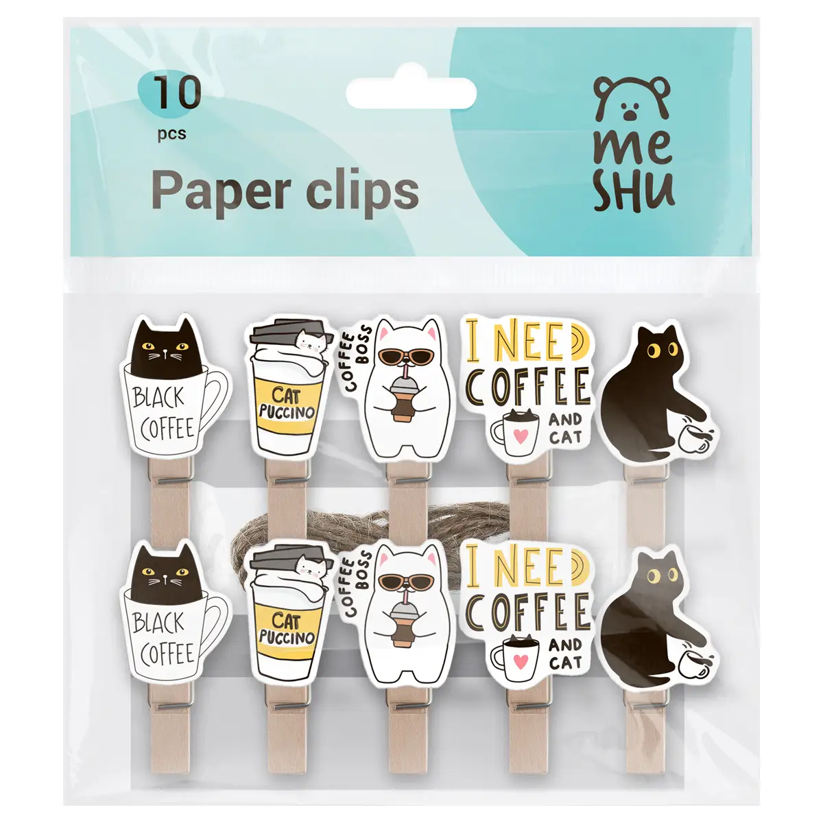 Прищепка 7мм, MESHU "Right Cat", 10шт., деревянные, ассорти, опп пакет с европодвесом, верев