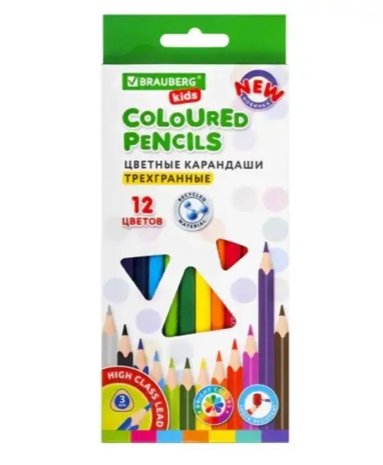 Карандаши цветные BRAUBERG KIDS NEW, 12 цветов, трехгранные, грифель 3 мм, 182001 