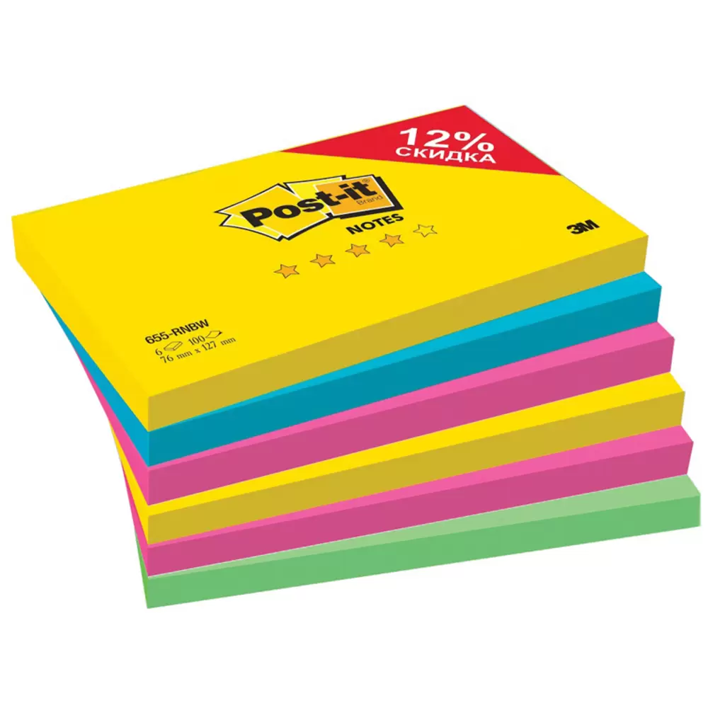Стикеры цветные клеящиеся. Блок-кубик Post-it 655-RNBW Радуга плюс 76х127, 4 цвета. Блок самоклеящийся 76х76 мм 100 л цветные (1/24 шт.). Самоклеящийся блок Post-it "Basic", 76*127мм, 100л, канареечный желтый. Блок-кубик 76х76 100л 4 цвета DEVENTE.