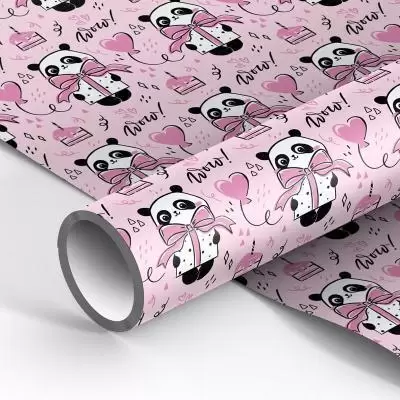 Упаковочная бумага глянц. 70*100см, MESHU "PandaGift_Pink", 80г/м2
